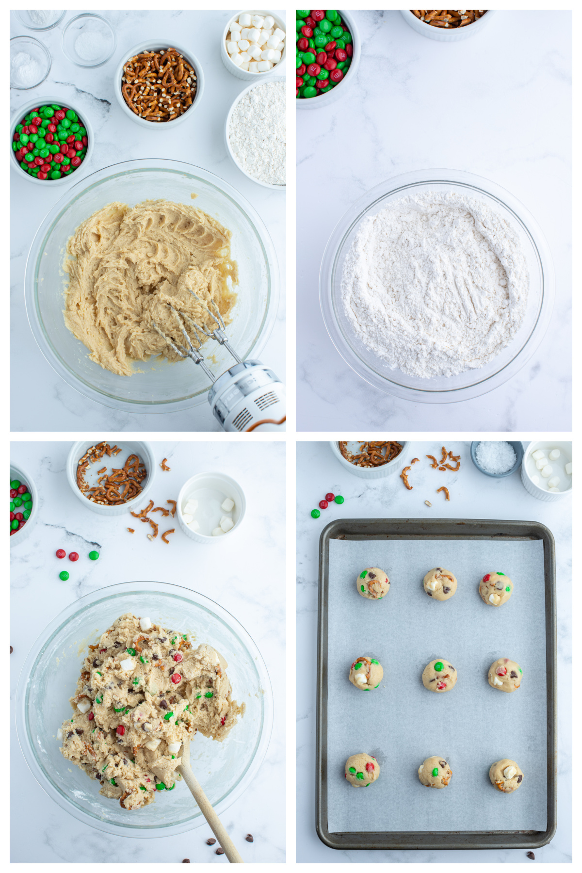 four photos sharing how to make christmas kitchen sink cookies