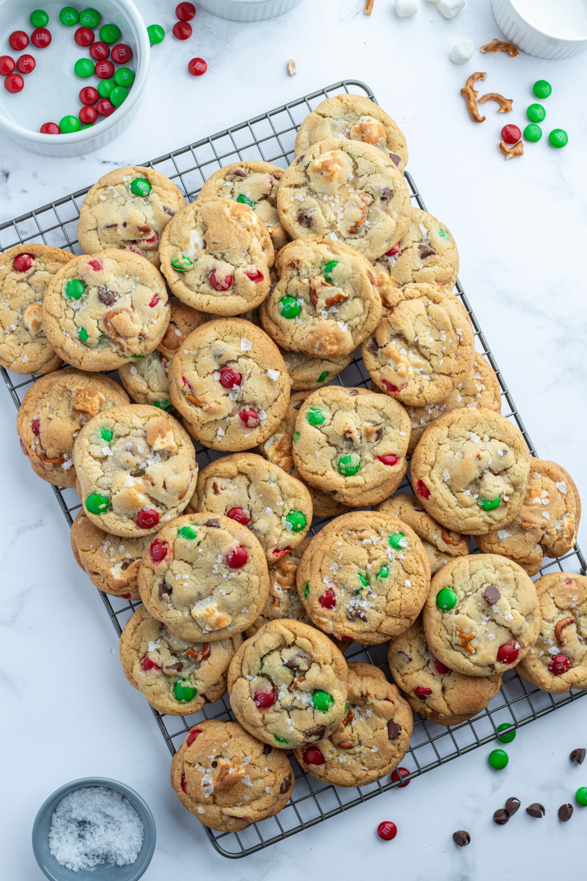 christmas kitchen sink cookies piled on cooling rack