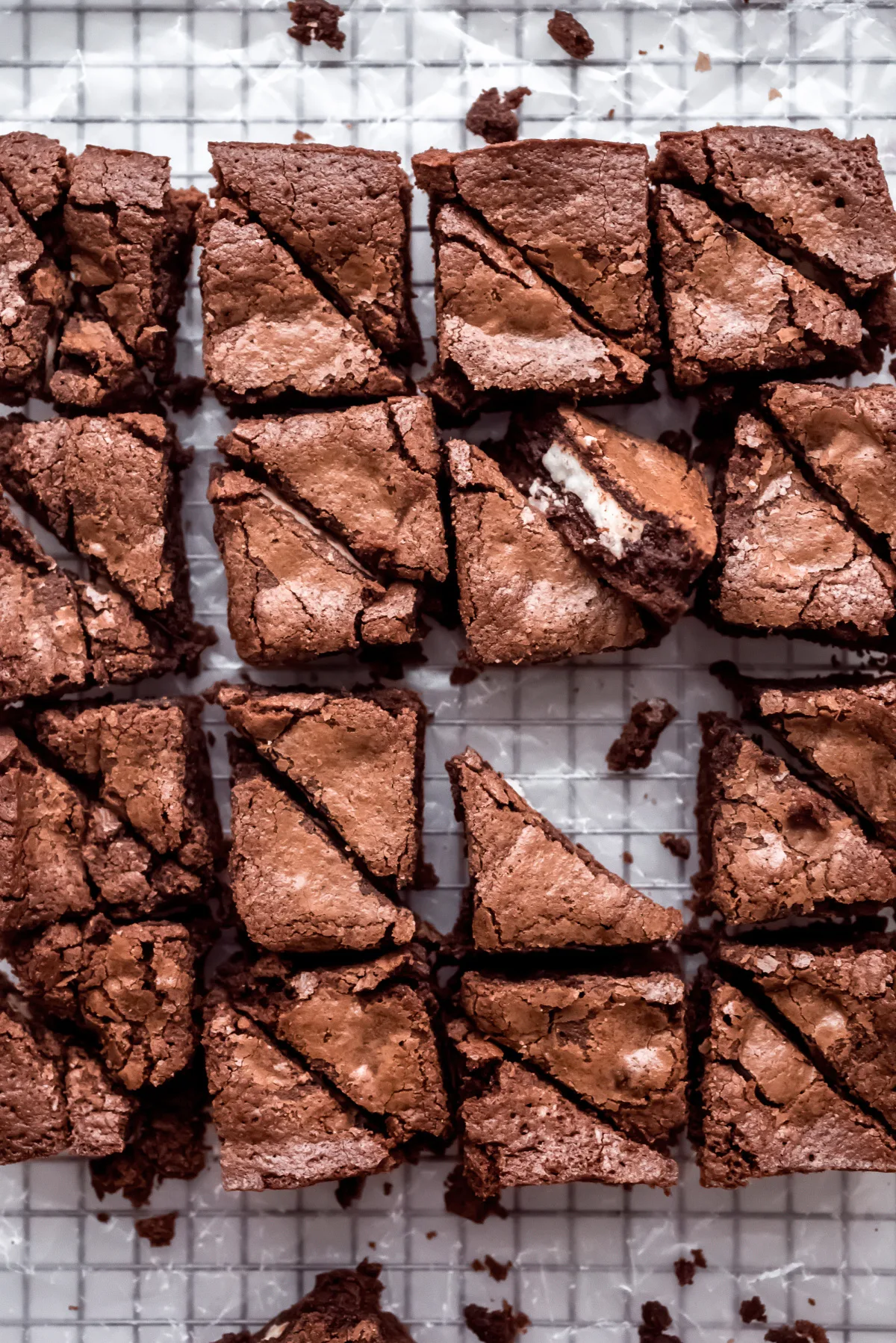 overhead shot of peppermint surprise brownies on cooling rack