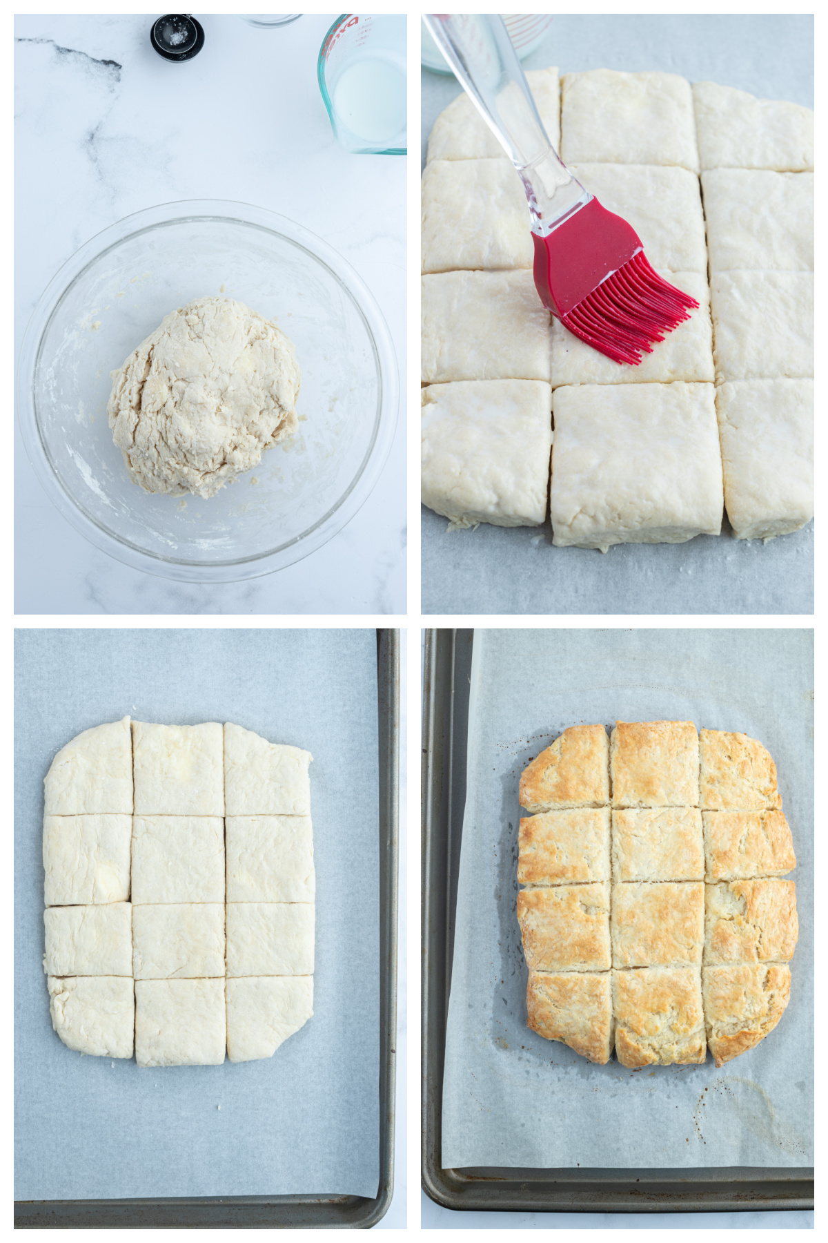 four photos showing how to make baking powder biscuits