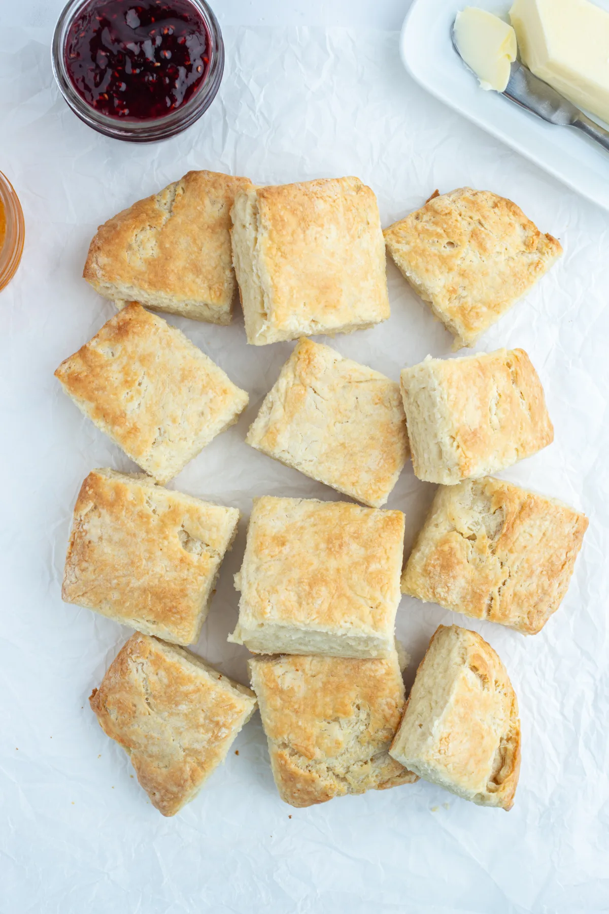 overhead shot of cut baking powder biscuits