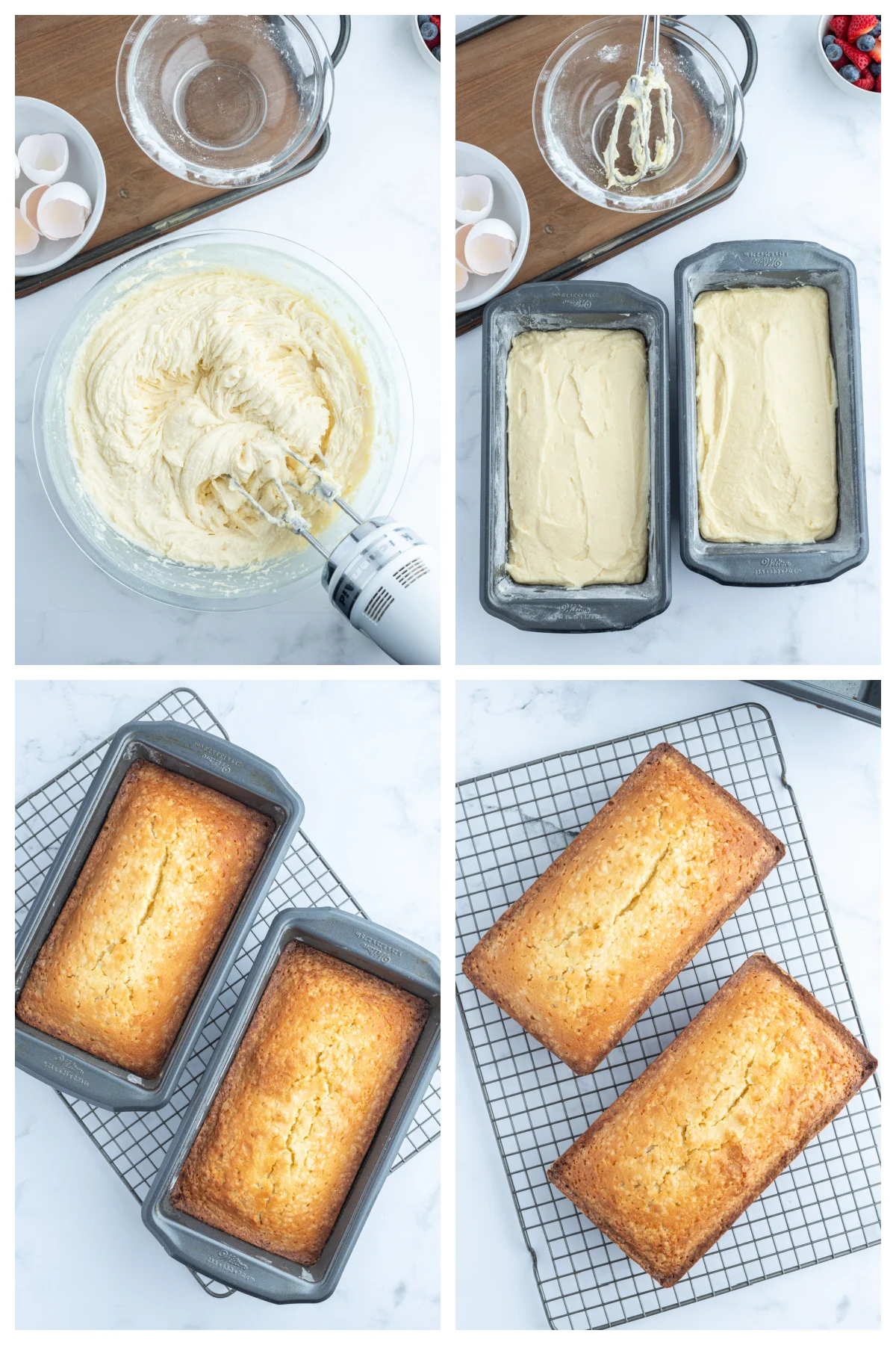 four photos showing how to make pound cake