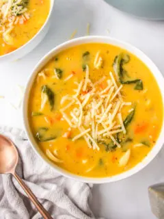 overhead shot of cheese tortellini soup