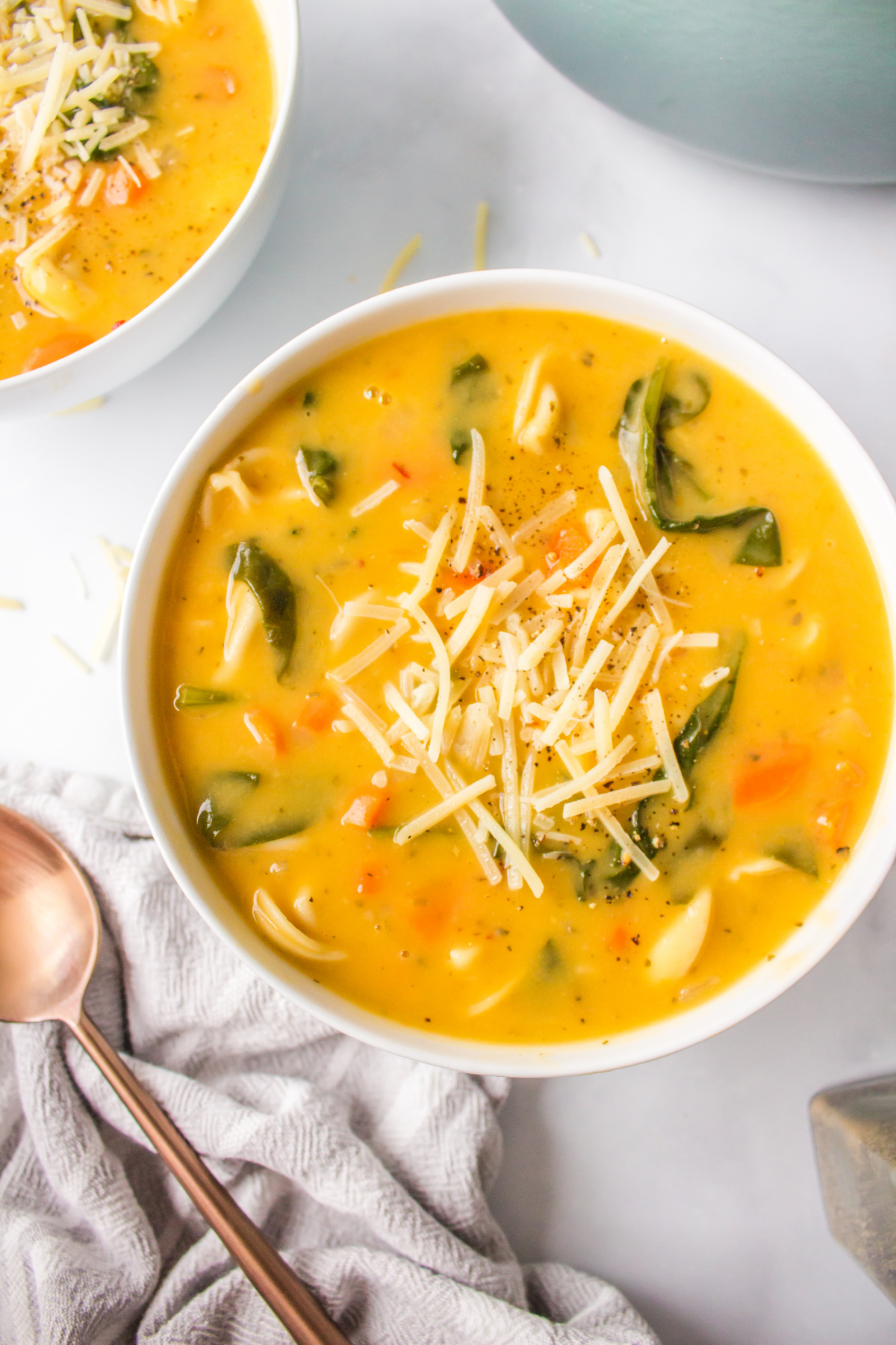 overhead shot of cheese tortellini soup