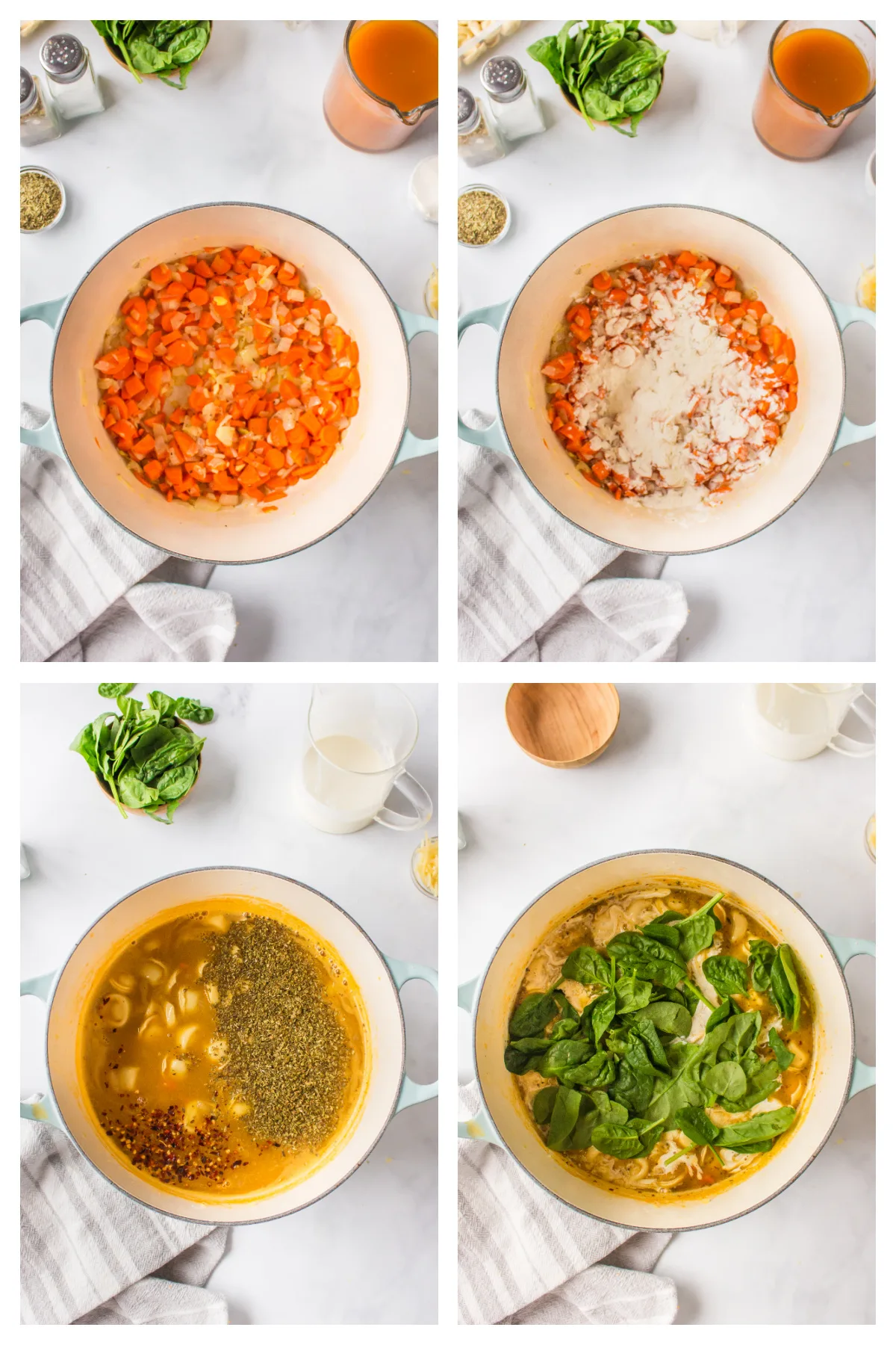 four photos showing how to make cheese tortellini soup