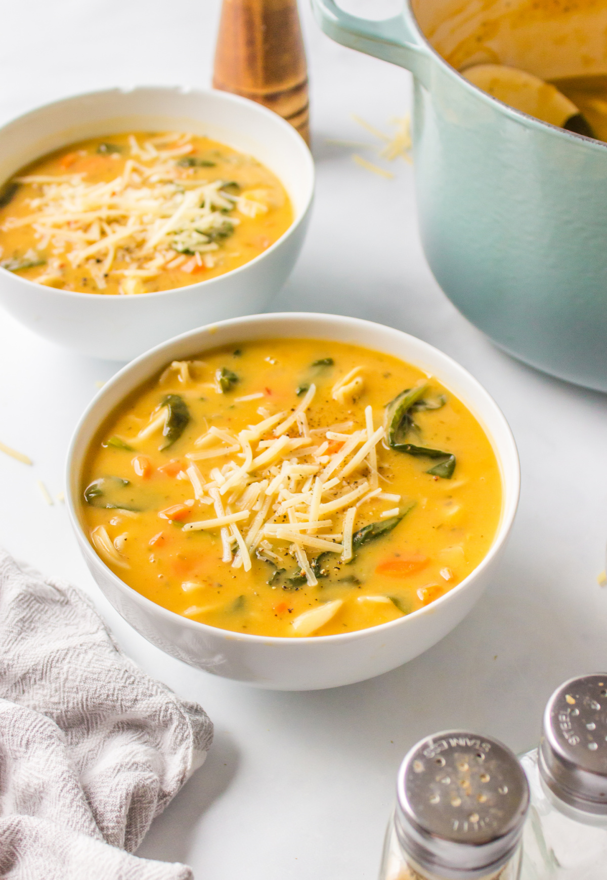 bowls of cheese tortellini soup