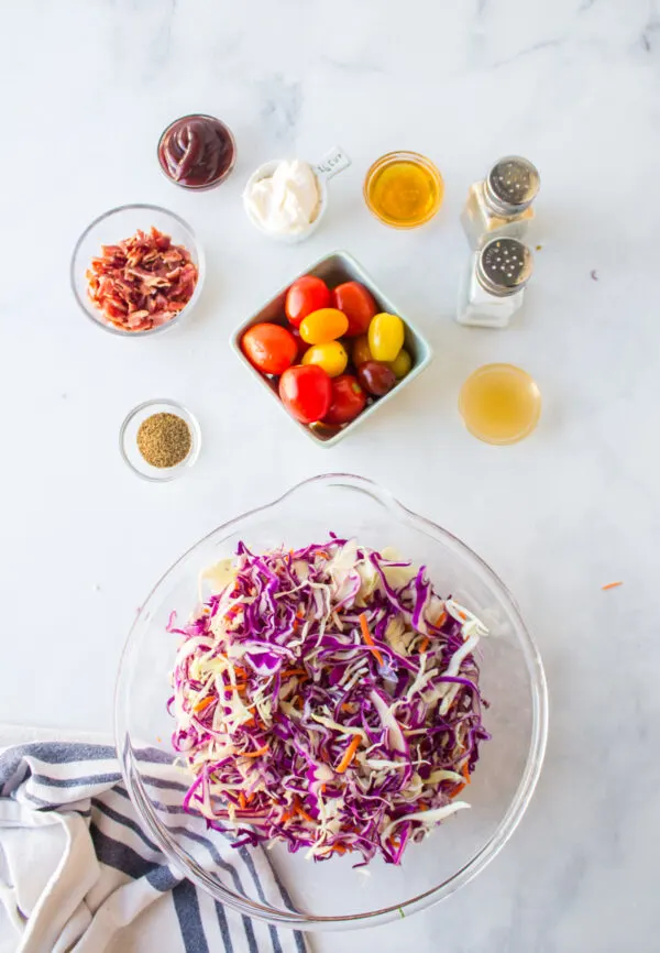 ingredients displayed for making blt cole slaw