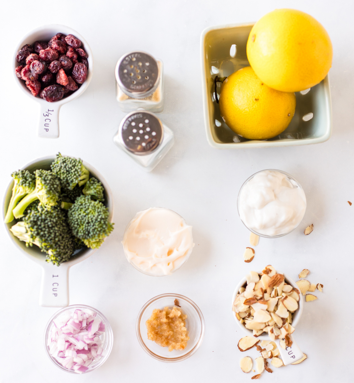 ingredients displayed for making broccoli crunch salad