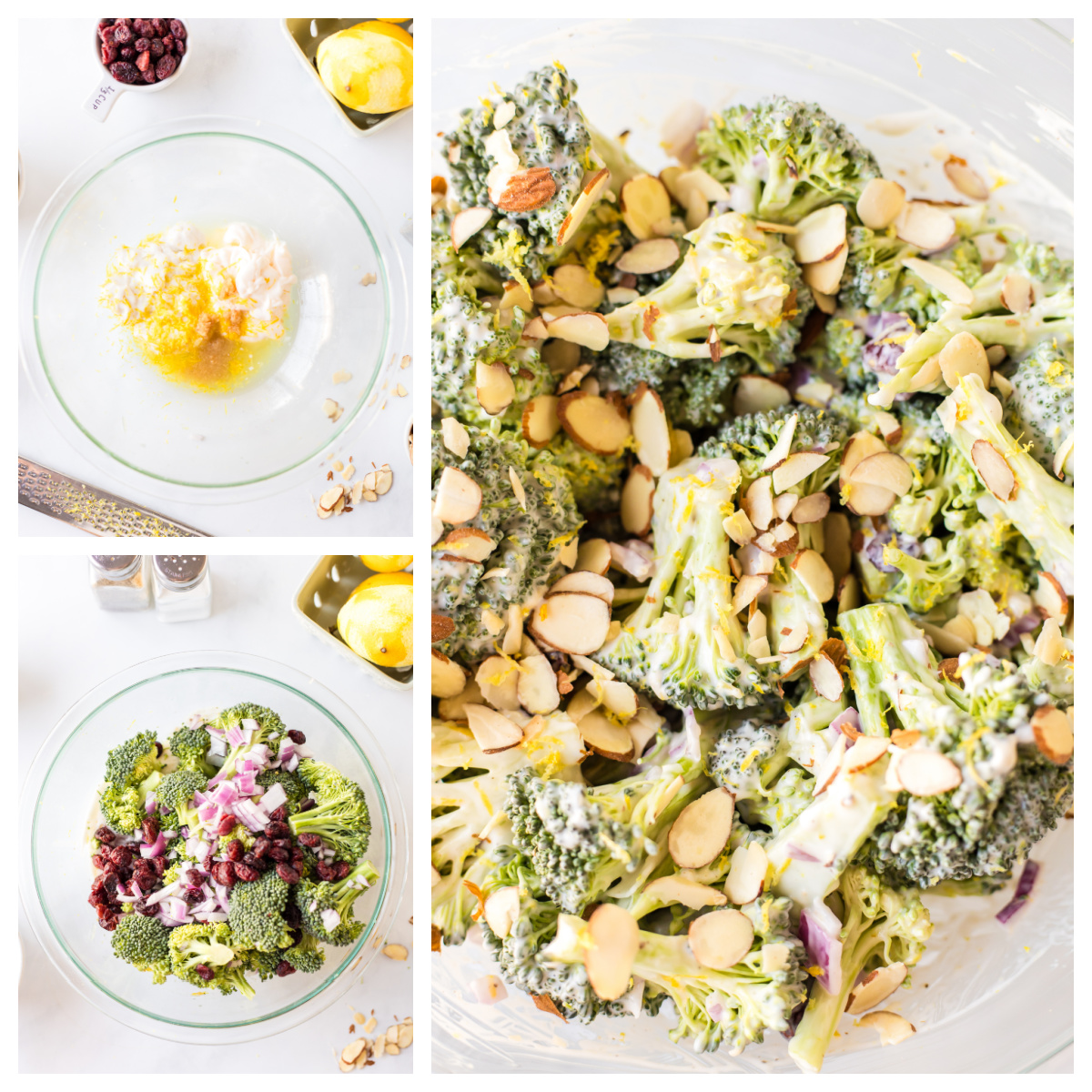 three photos showing how to make broccoli crunch salad