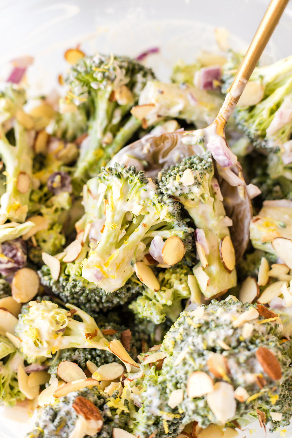 broccoli crunch salad with spoon